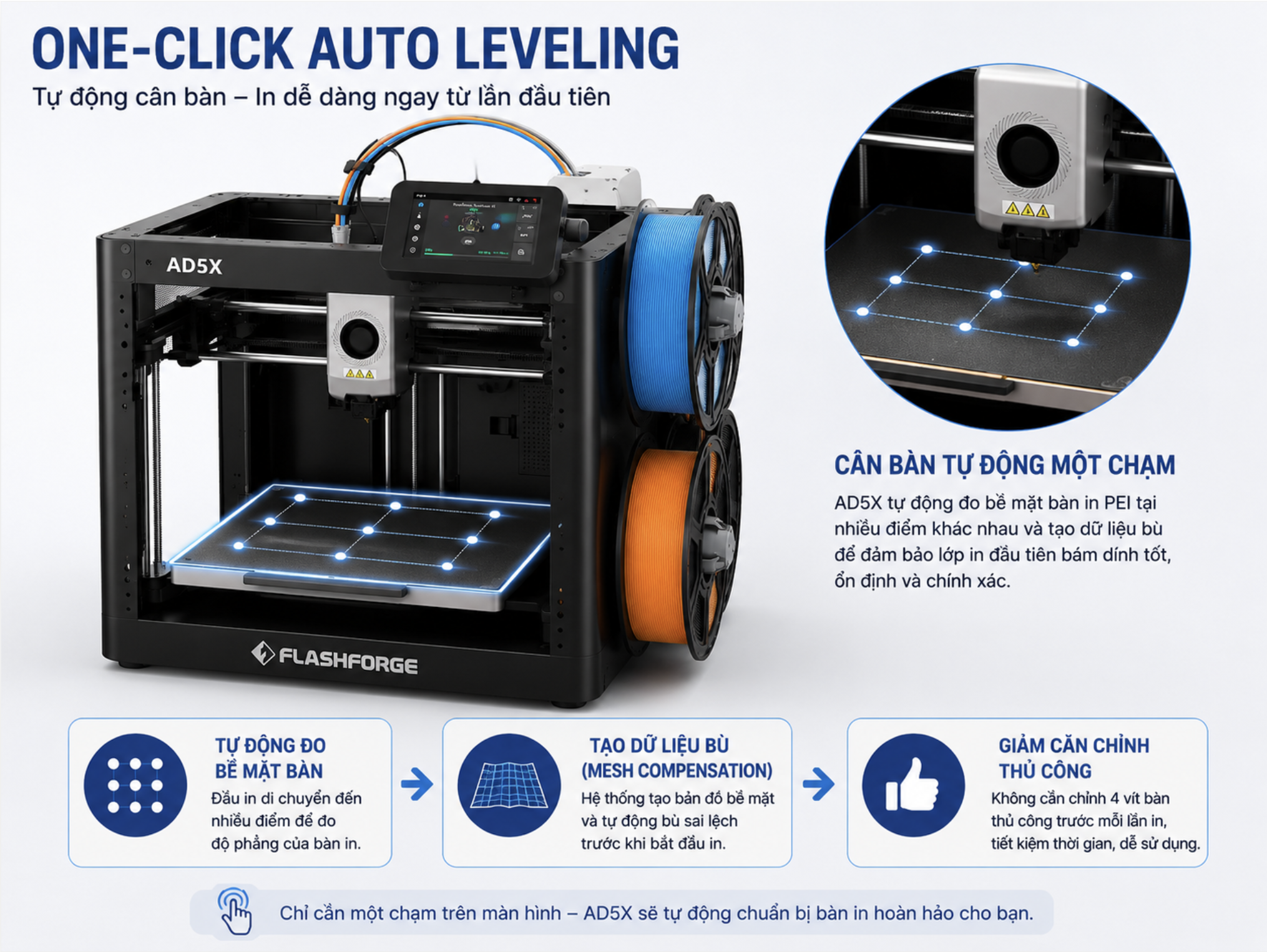 Máy in 3D Flashforge AD5X với tính năng One-Click Auto Leveling tự động cân bàn in