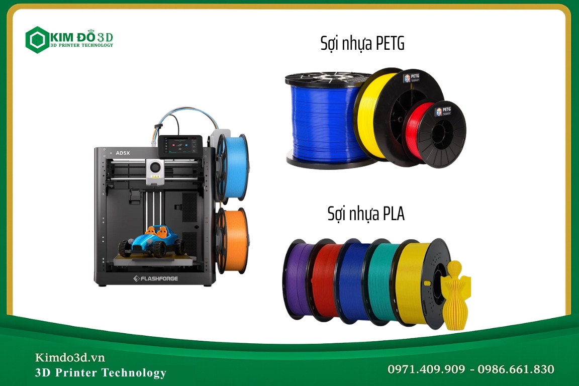 Máy in 3D FDM sử dụng sợi nhựa PLA và PETG